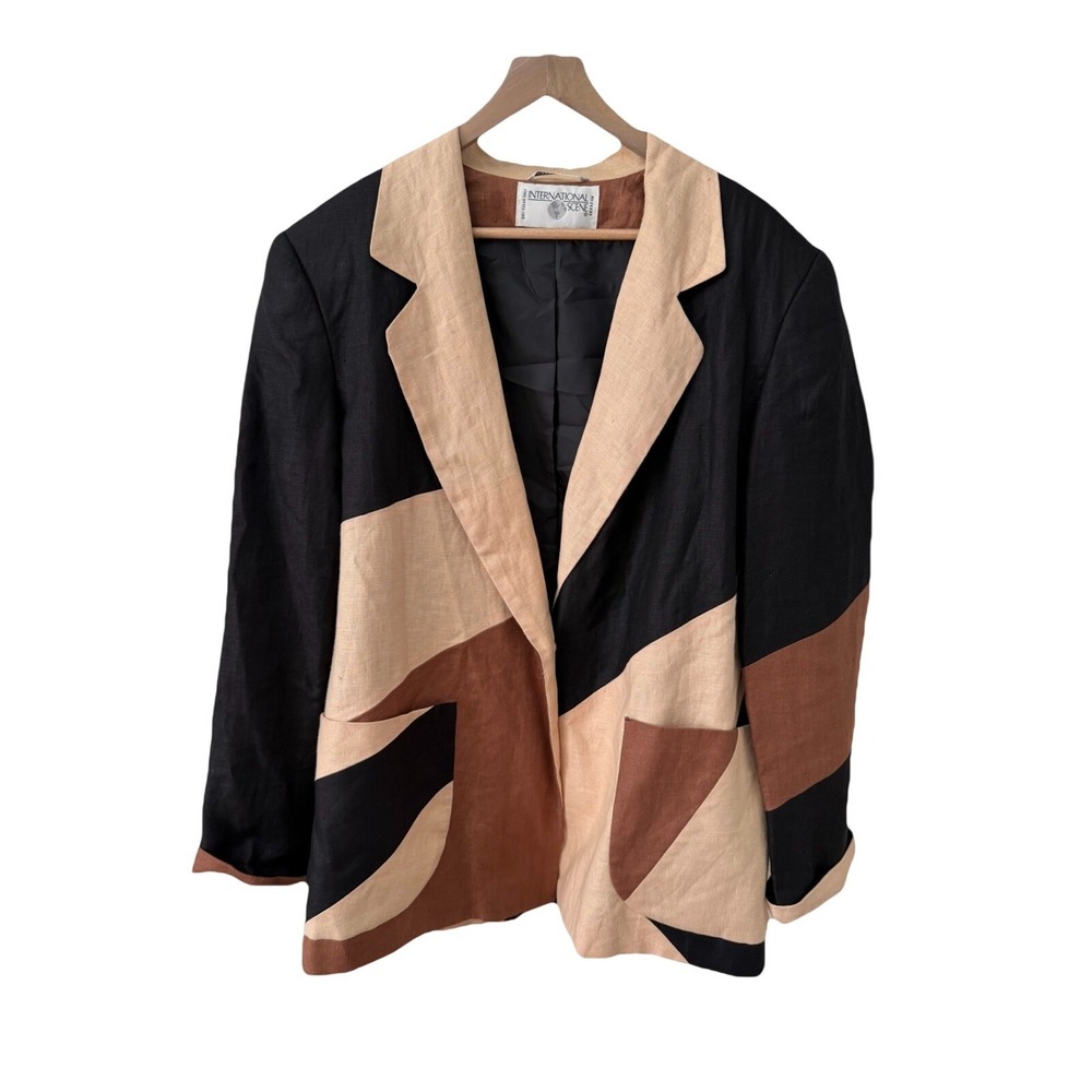 International Scene Blazer 15/16 Black Tan Rust Geometric Colorblock Vintage‎